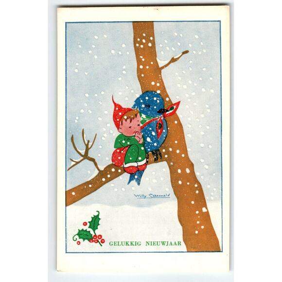 Fantasy Postcard Fairy Boy Sits In Tree Blue Bird Snow Willy Schermele Dutch - Picture 1 of 2